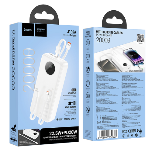 Power Bank HOCO J132A 20000mAh, 2USB+Type-C, 22.5W+PD20W, Mix Color, 0.49kg