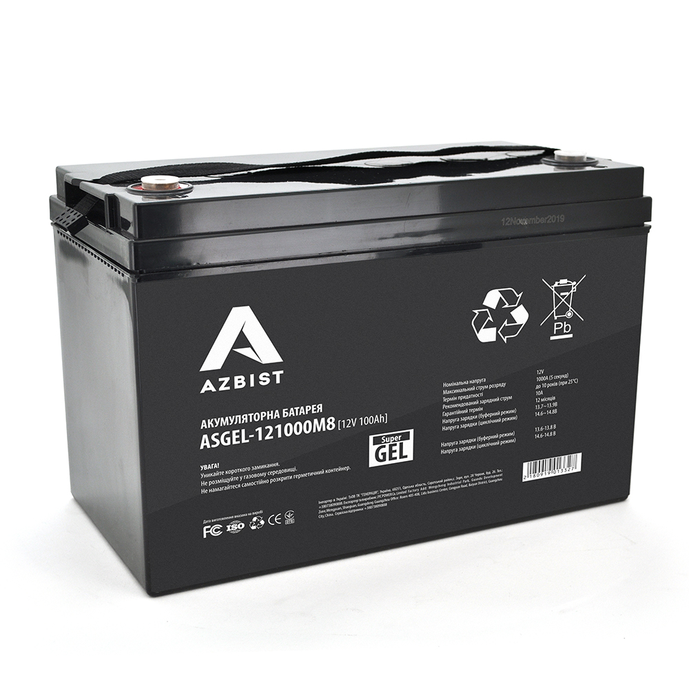 Акумулятор AZBIST Super GEL ASGEL-121000M8, Black Case, 12V 100.0Ah ( 329 x 172 x 215 ) Q1 / 36