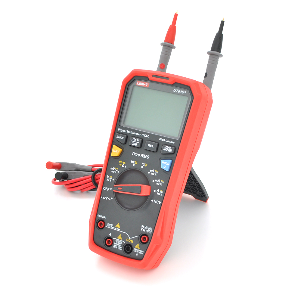 Мультиметр UNI-T UT61D+ Вимірювання: V (AC / DC), A (AC / DC), Ω, C, Hz, DUTY, °C / °F, NCV (True RMS). Функції: USB, Data Hold, Max / Min, REL, продзвін