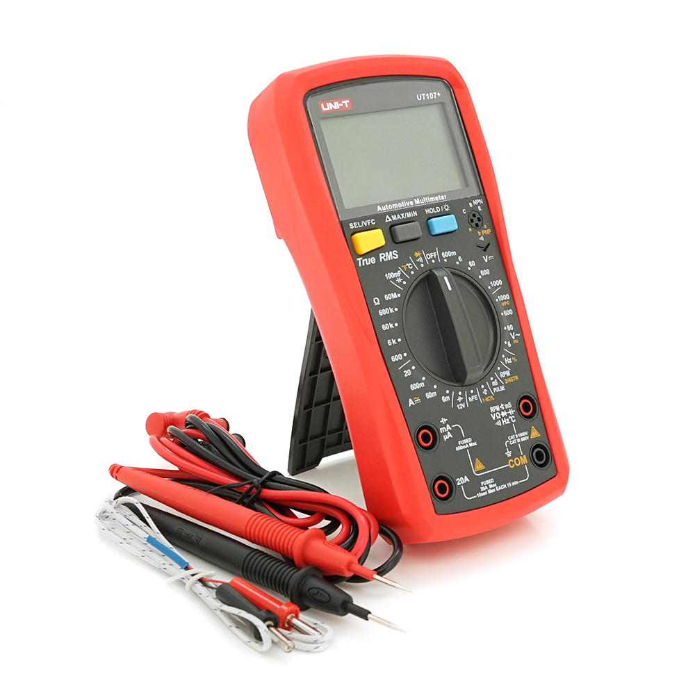 Мультиметр UNI-T UT107+: автомобільний True RMS. 1000V / 10A, VFC, вимірювання V,A,Ω,C,Гц,температури, обороти двигуна. 183x88x56 мм. 348 г.