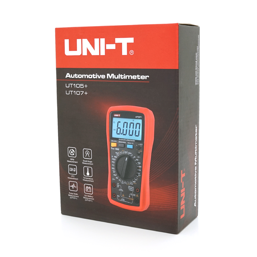 Мультиметр UNI-T UT107+: автомобільний True RMS. 1000V / 10A, VFC, вимірювання V,A,Ω,C,Гц,температури, обороти двигуна. 183x88x56 мм. 348 г.