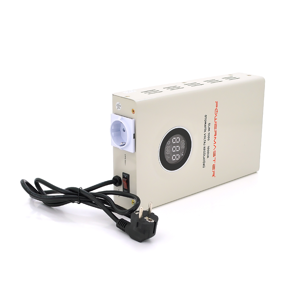 Стабілізатор напруги настінний релейний POWERMASTER SW-1000, 1000W, LED, 6 ступенів, діапазон 140-260V, 220±7%, 2*Shuko, Метал, White
