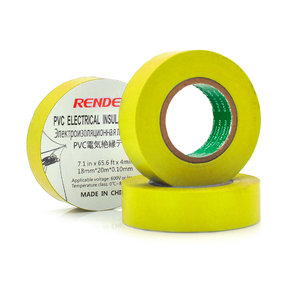 Ізолента RENDER 0,10 мм * 18 мм * 20 м (жовта), temp: -10 +80 ° С, 2000V, розтяж-180%, міцність 20Н / см, Агдезія 0,42 кг / 25мм, 10 шт. в уп. ціна за упак.