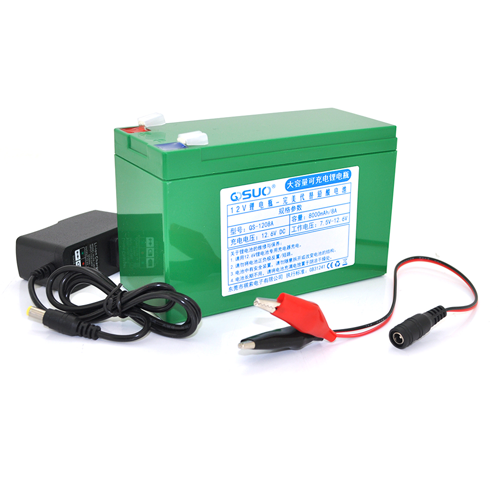 Акумуляторна батарея літієва QiSuo 12V 8A з елементами Li-ion 18650 (150X64,5X97,7) + зарядний пристрій 12,6V / 1A + крокодили