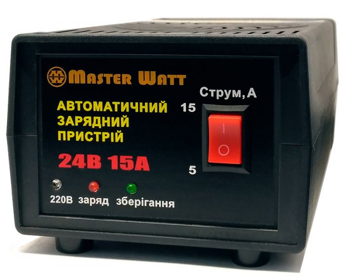 Автоматичне ЗУ для акумулятора MW-AZU24-15A 24V (25-260Ah) (MF, WET, AGM), 160-245V, Струм заряду 5А / 15А, крокодили в комплекті