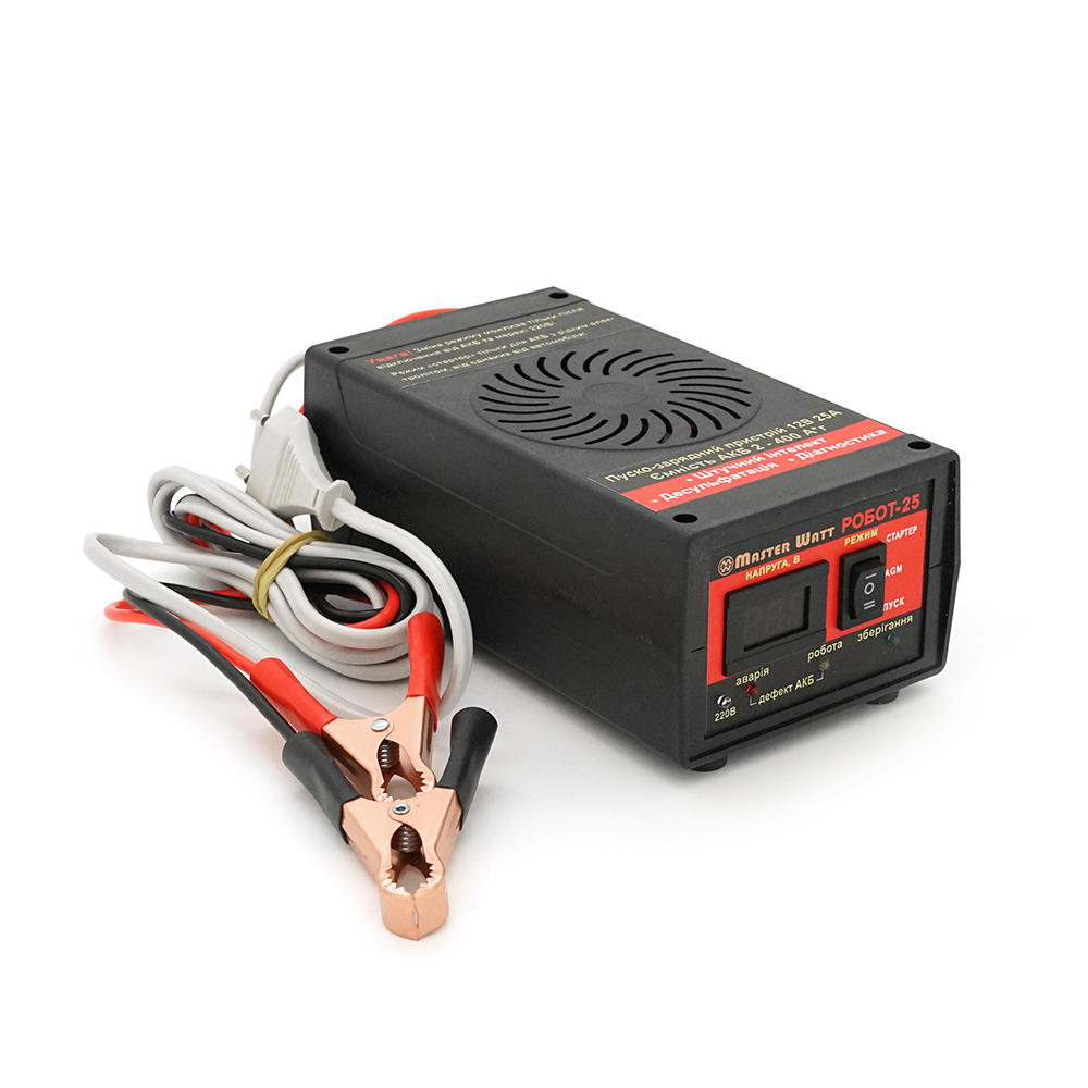Інтелектуальне ЗУ РОБОТ-25 пуско-зарядне для акумулятора 12V(2-400Ah) (MF, WET, AGM, GEL, CA / CA), 160-245V, Ток заряду 25А, крокодили в комплекті