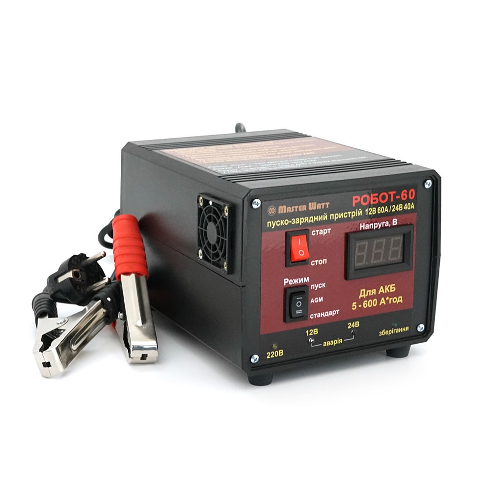 Пуско-зарядне ЗУ РОБОТ-60 для акумуляторів 12/24V (5-600Ah) (MF, WET, AGM, GEL, CA/CA), 160-245V, Струм заряду 40А, крокодили в комплекті