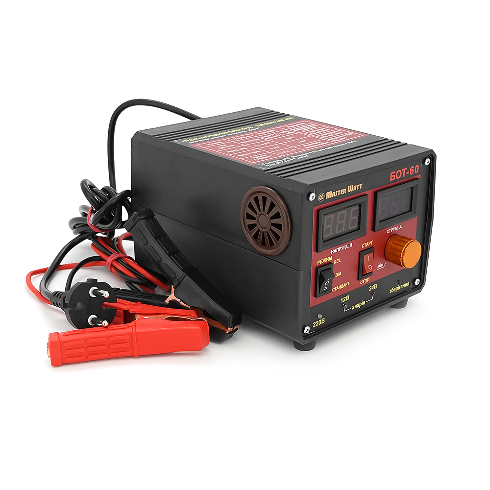 Пуско-зарядне ЗУ БОТ-60 для акумуляторів 12 / 24V (12-900Ah) ((MF,AGM,GEL,CA / CA,LiFePO4), 160-245V, Струм заряду 60 / 40А, крокодили в комплекті