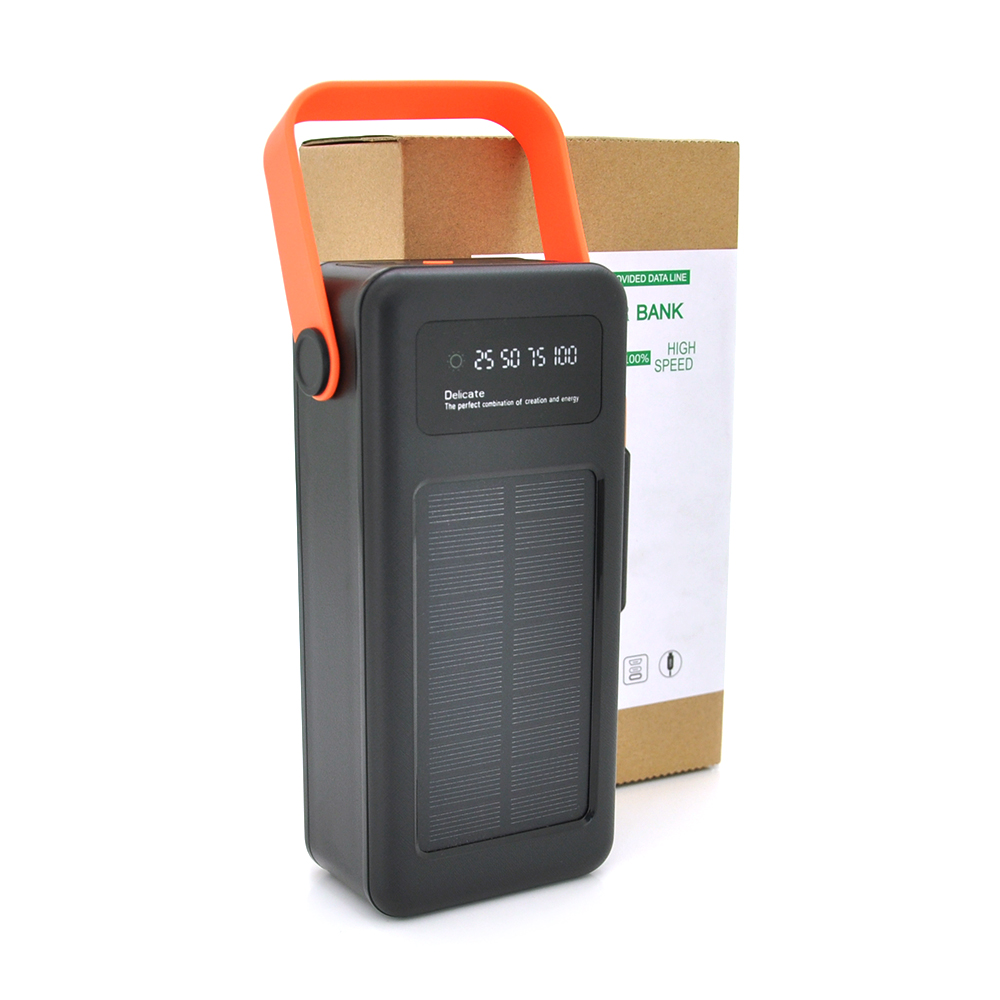 Power bank YM-637, 50000mAh Solar, flashlight, Input: 5V / 2.1A(MicroUSB, TypeC, Lightning), Output: 5V / 2.1A(4xUSB), plastic, Black, BOX