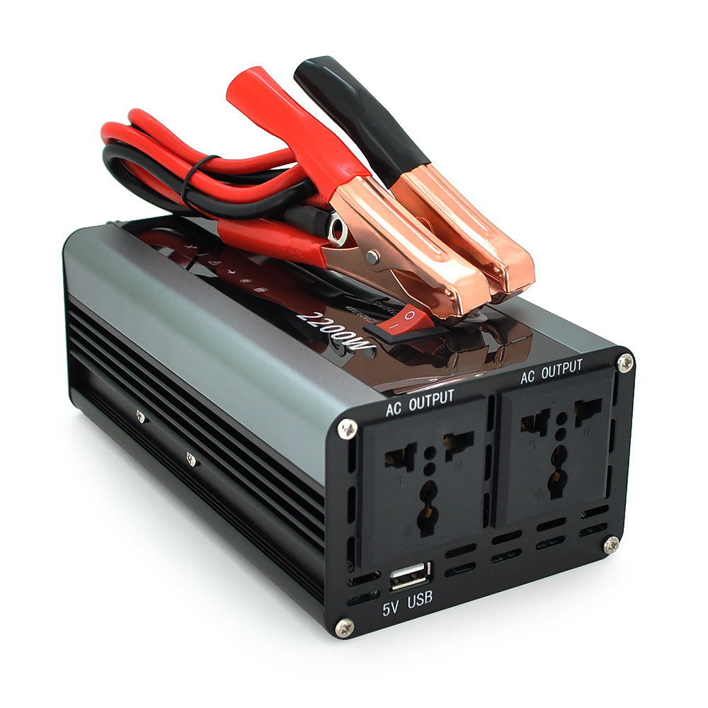 Інвертор напруги AEV2200W, 12 / 220V з апроксимованою синусоїдою, 2 універсальні розетки, 2*USB (DC:5V / 2.4A), крокодили + прикурювач