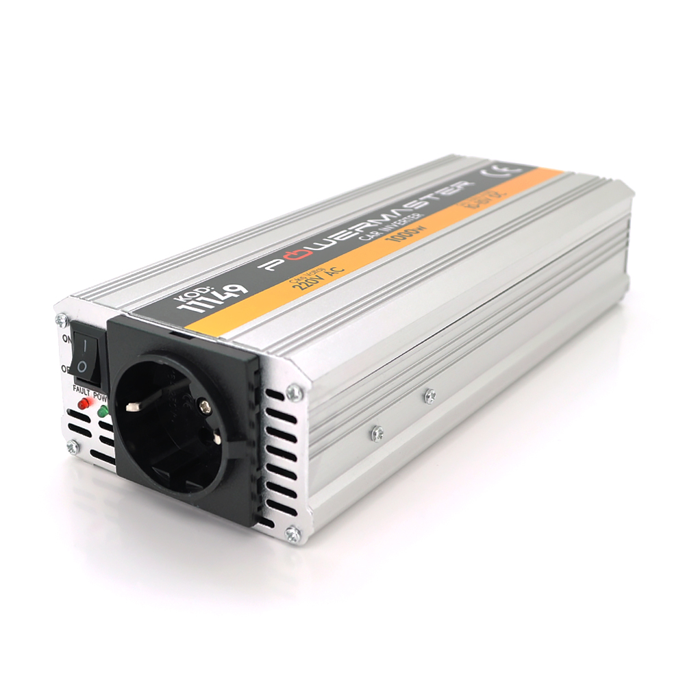 Інвертор напруги POWERMASTER-1000(600Вт), 12 / 220V, approximated, 1 універсальна розетка, клем + крокодили, Box
