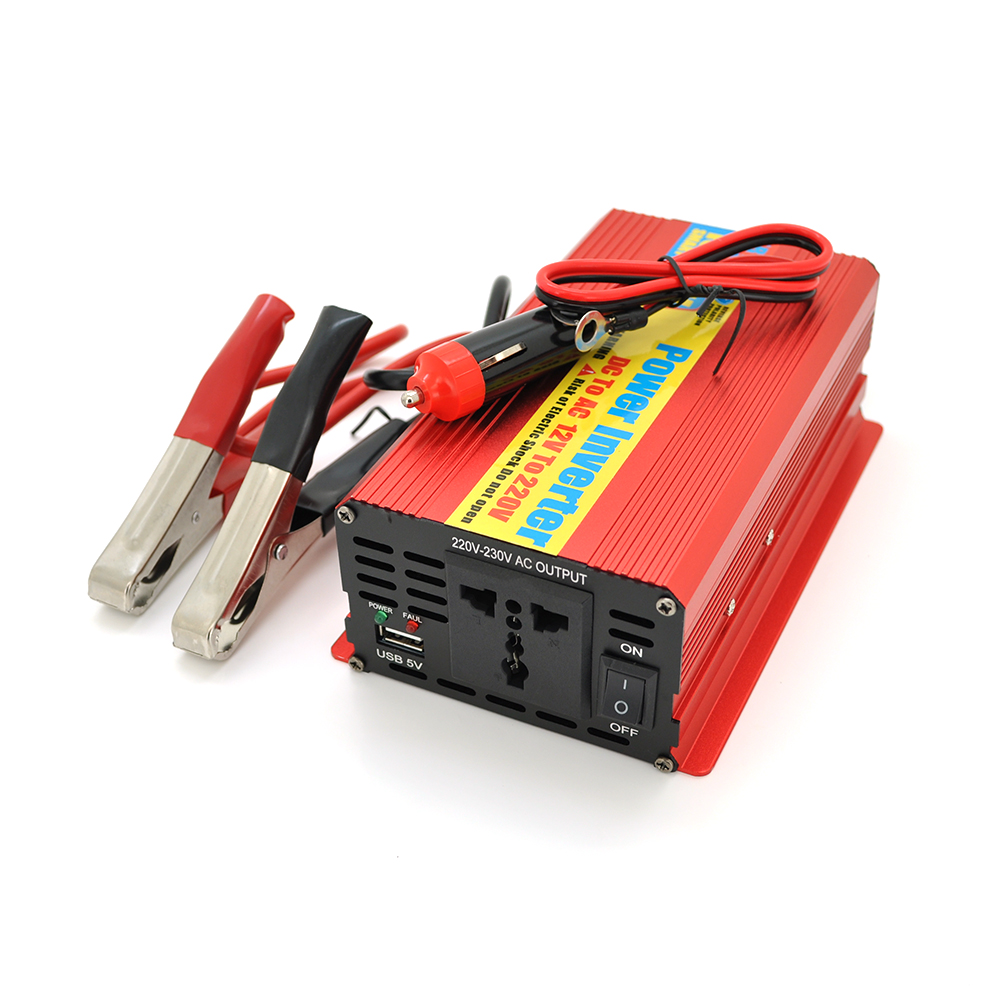 Інвертор напруги ERYUAN EY-1000 (600Вт), 12 / 220V, approximated, 1 універсальна розетка + USB, клем + крокодили + АЗУ, Box