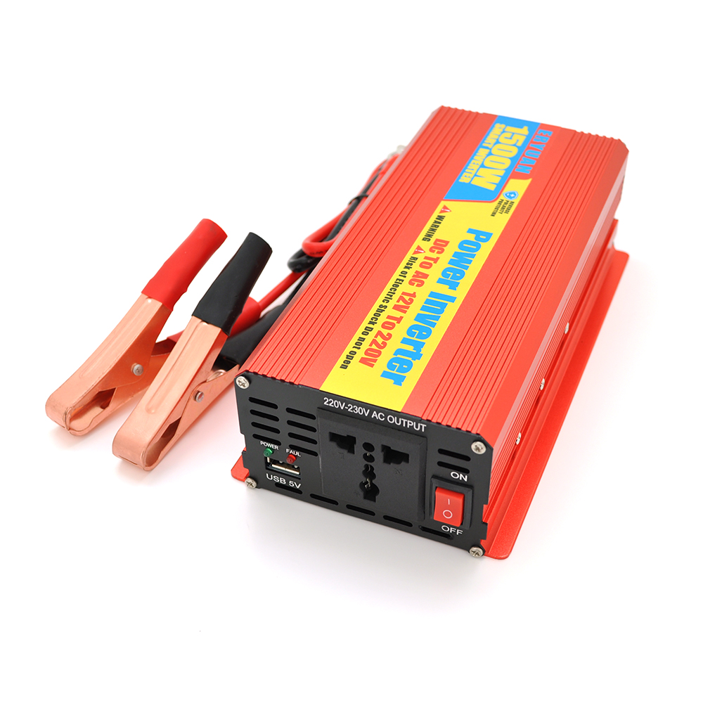 Інвертор напруги ERYUAN EY-1500 (900Вт), 12 / 220V, approximated, 1 універсальна розетка + USB, клем + крокодили, Box