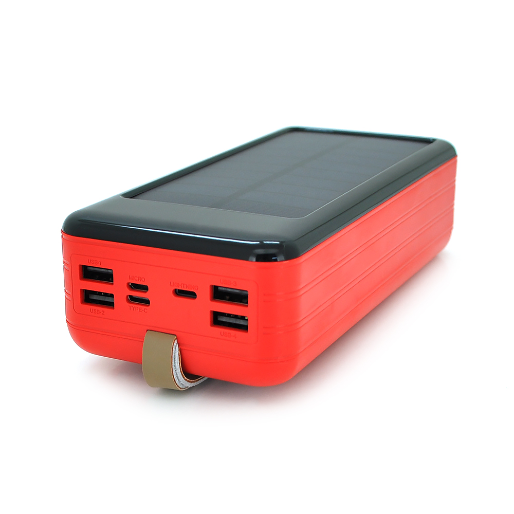 Power bank KKD-8W 80000 mAh Solar, flashlight, Input: 5V / 2.1A(microUSB, TypeC, Lightning), Output: 5V / 2.1A(4xUSB), plastic, Red, BOX