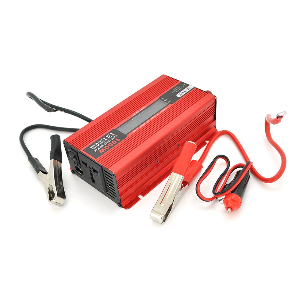 Інвертор напруги V-TEK+LCD 1000ВА(600Вт), 12 / 220V, approximated, 1 універсальна розетка+USB, клеми+крокодили, АЗУ, Box