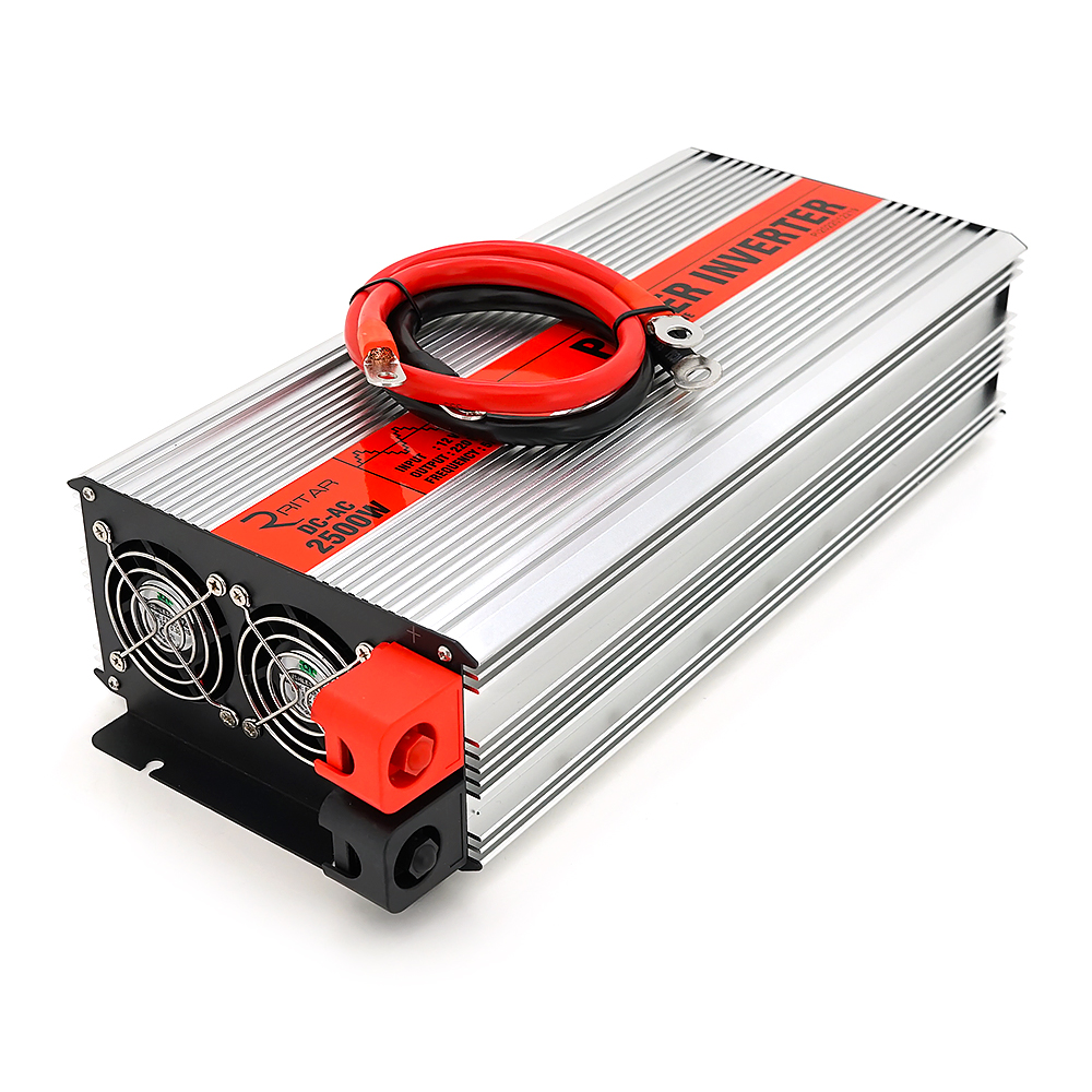 Інвертор напруги RITAR RSX-2500, 12V / 220V, 2500W з апроксимувати синусоїдою, 2xShuko, 1xUSB, клемні дроти, BOX