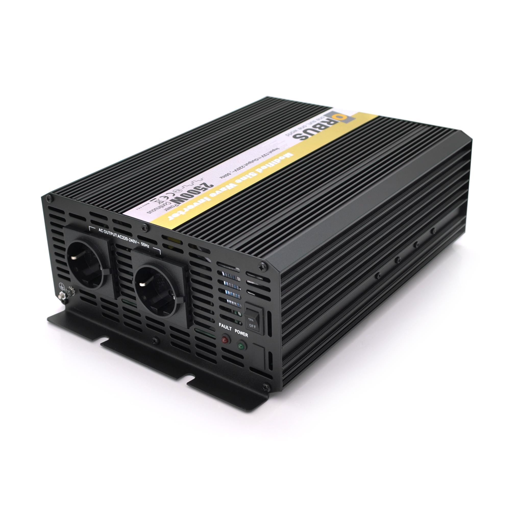 Інвертор напруги ORBUS ORMS2500 (2500Вт), 12 / 220V, approximated, 2 Shuko, 2 клемні дроти, 9 запобіжників, Box.Q20