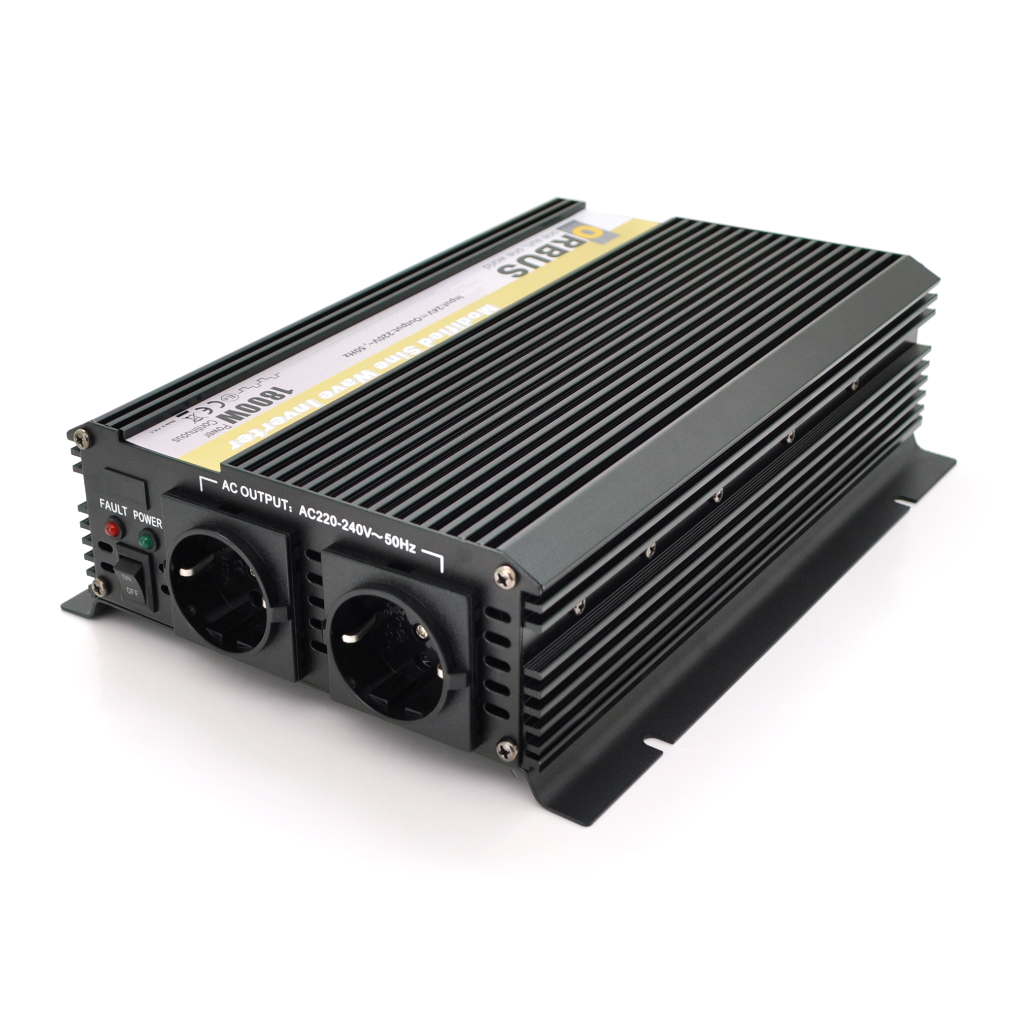 Інвертор напруги ORBUS ORMS24-1800 (1800Вт), 24 / 220V, approximated, 2 Shuko, клемні дроти, 5 запобіжників, Box.