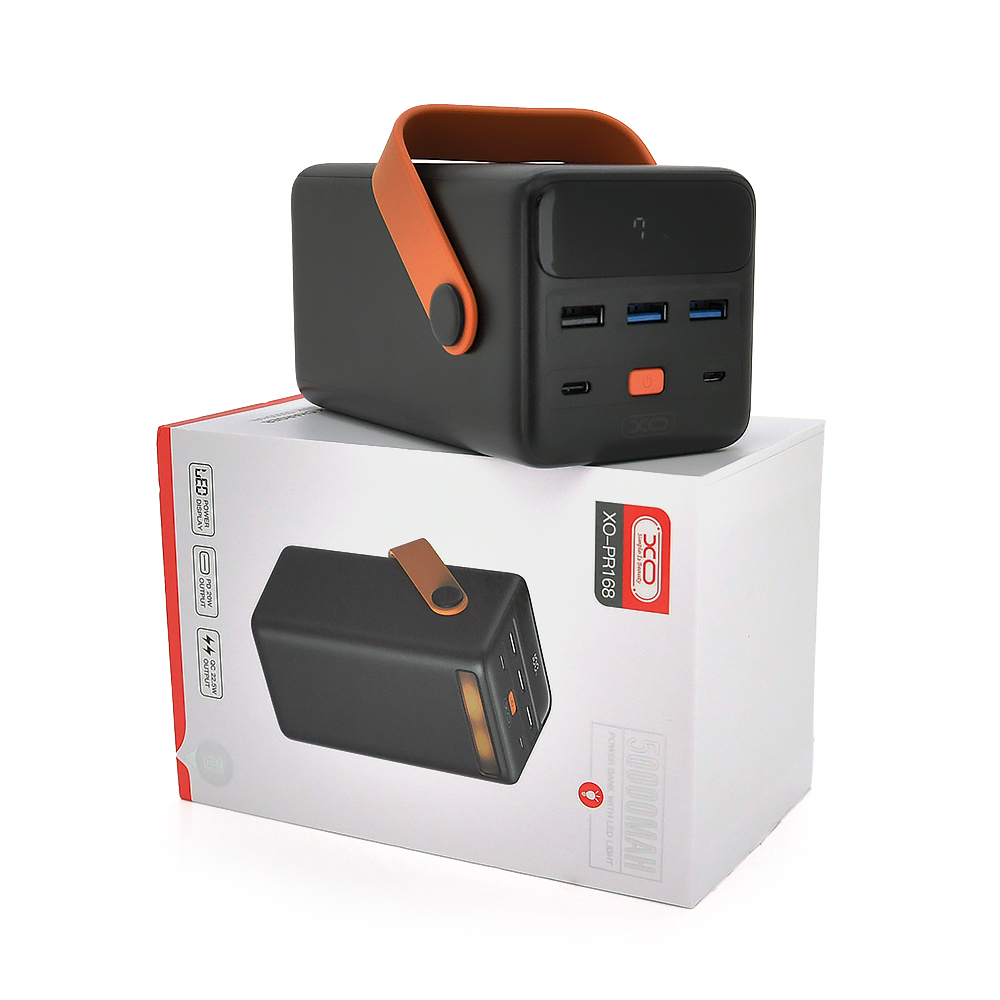 PowerBank XO-PR168 50000mAh,flashlight,Input: 5V / 3A,9V / 2A(Type-C,MicroUSB),Output:5V / 3A,5V / 4.5A,9V / 2A (3хUSB,Type-C),Q18, plastic, Black