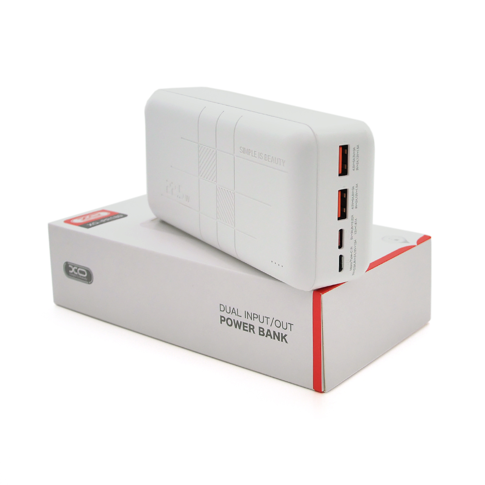 PowerBank XO-PR189 30000mAh,Input:5V / 2.5A,9V / 2A,12V / 1.5A(Type-C,MicroUSB),Output: 4.5V / 5A,5V / 4.5A,5V / 3A,9V / 2A,12V / 1.5A(2хUSB,Type-C),Q44,plastic,White