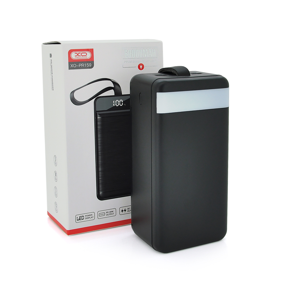 PowerBank XO-PR159 60000mAh, flashlight, Input: 5V / 2.5A, 9V / 2A,12V / 1.5A (Micro, Type-C, Lightning), Output: 5V / 2A, 5V / 3A, 9V / 2A (2USB,Type-C), Q16,plastic,Black