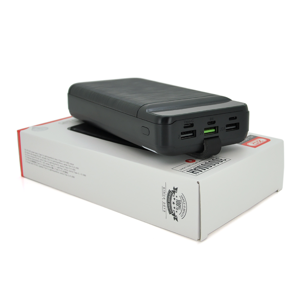 PowerBank XO-PR156 30000mAh, flashlight, Input: 5V / 2.5A, 9V / 2A, 12V / 1.5A (Micro, Type-C, Lightning), Output: 5V / 3A, 9V / 2A, 12V / 1.5A(3USB, Type-C),Q30,plastic,Black