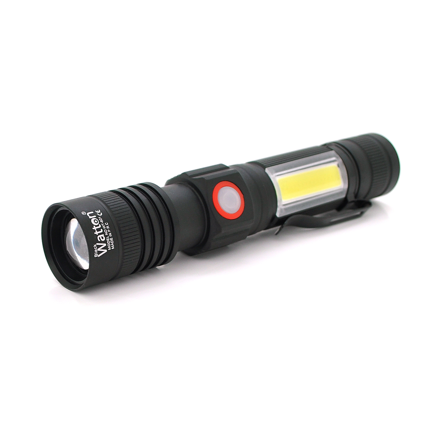 Ліхтар ручний Watton WT-601, P50 + 16 SMD COB, 2+2 режими, ZOOM, 18650/2400mah, Black, IP40, USB Type-C, МАГНІТ, 138х28х26мм, BOX