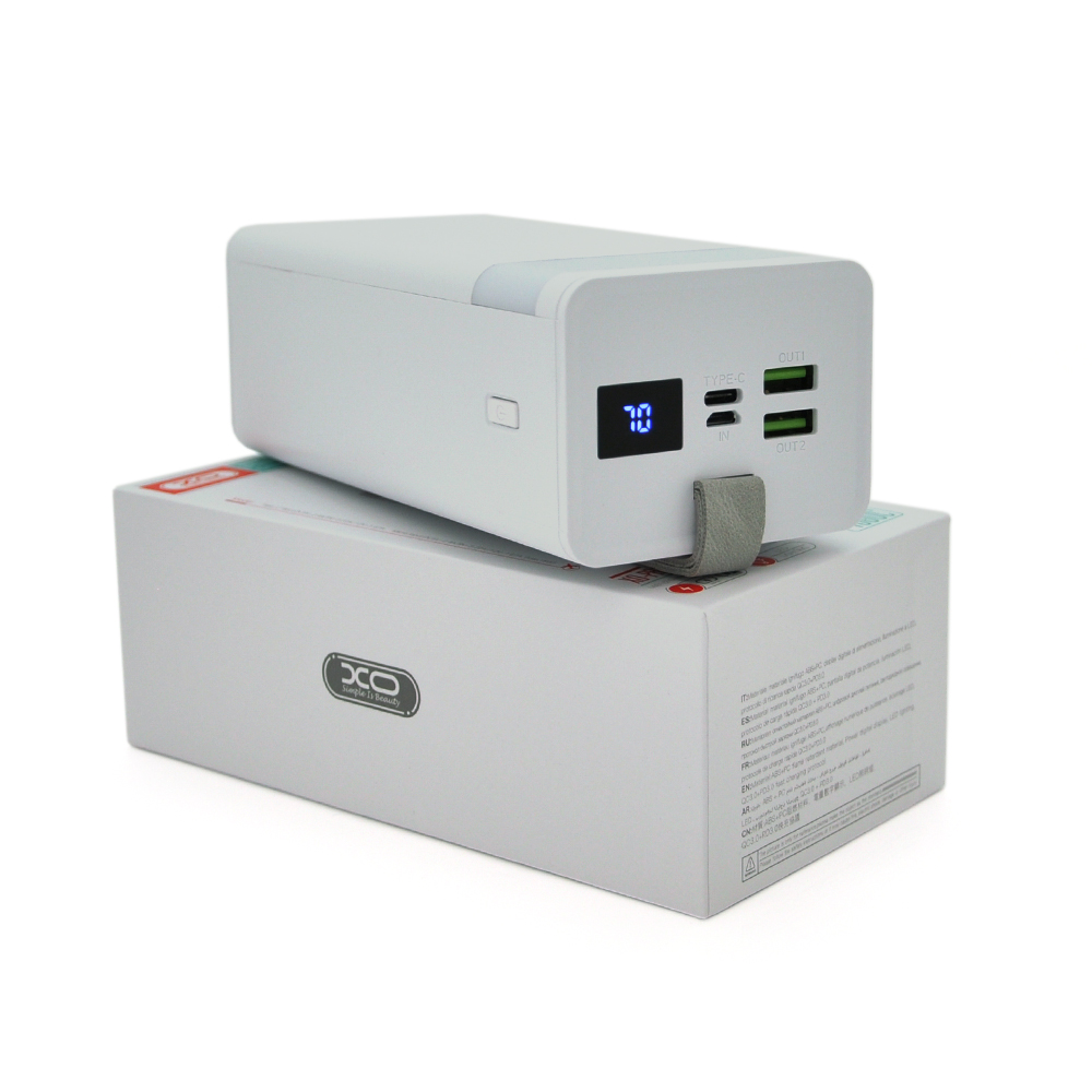 PowerBank XO-PR130-40000mAh,Input:5V / 2.5A,9V / 2A,12V / 1.5A(Micro,Type-C,Lightning),Output:5V / 4.5A,5V / 3A,9V / 2A,12V / 1.5A(2хUSB,Type-C),Q44,plastic,White