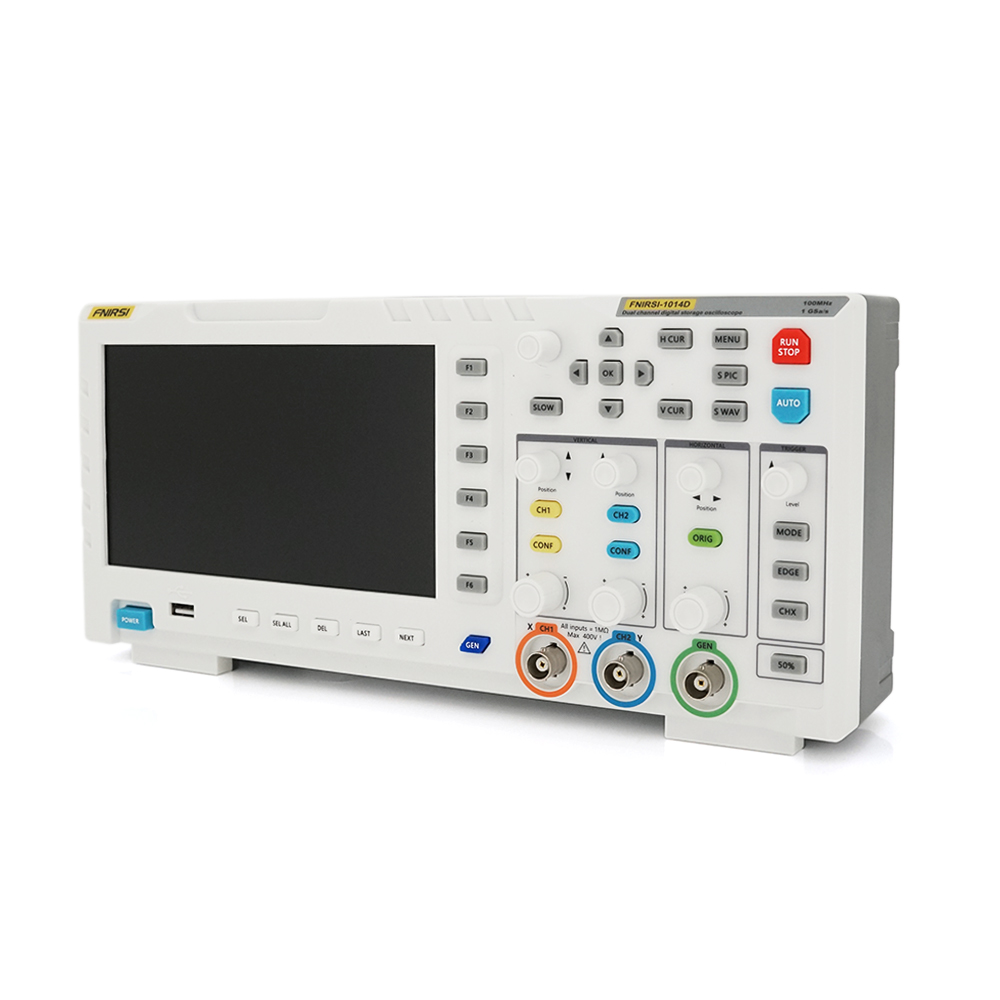 Осцилограф FNIRSI 1014D: 2 канали, 100 МГц, 1 GSa/s, 7" TFT. Генератор, курсори, пам'ять 1000 скринів. Габарити 310×145×70 мм. Вага 1.5 кг
