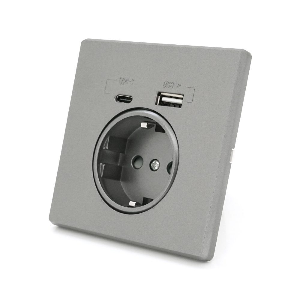 Розетка врізна із заземленням, Input: AC:110-250V / 16A, Type-C / USB-виходи, Gray