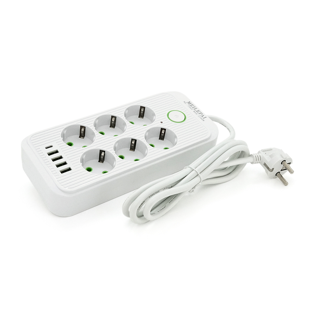 Сетевой фильтр Meilepai F06U, 6 розеток EU + 4 USB + 1PD, кнопка включения с индикатором, 2 м, 3х0,75мм, 2500W, White, Box