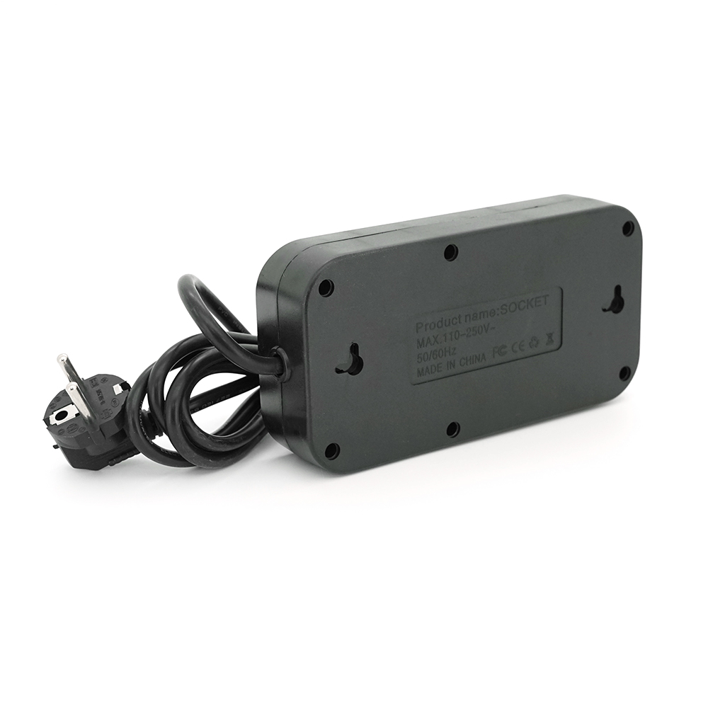 Фільтр Meilepai F09U, 3 розетки EU + 4 USB + 1PD, кнопка включення з індикатором, 2 м, 3х0,75мм, 2500W, Black, Box