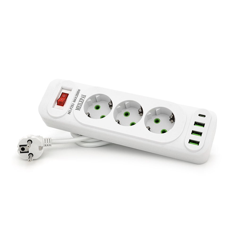 Мережевий фільтр Meilepai F23U, 3 розетки EU+3 USB+PD, кнопка включення з індикатором, 2 м, 3х0,75мм, 2500W, White, Box
