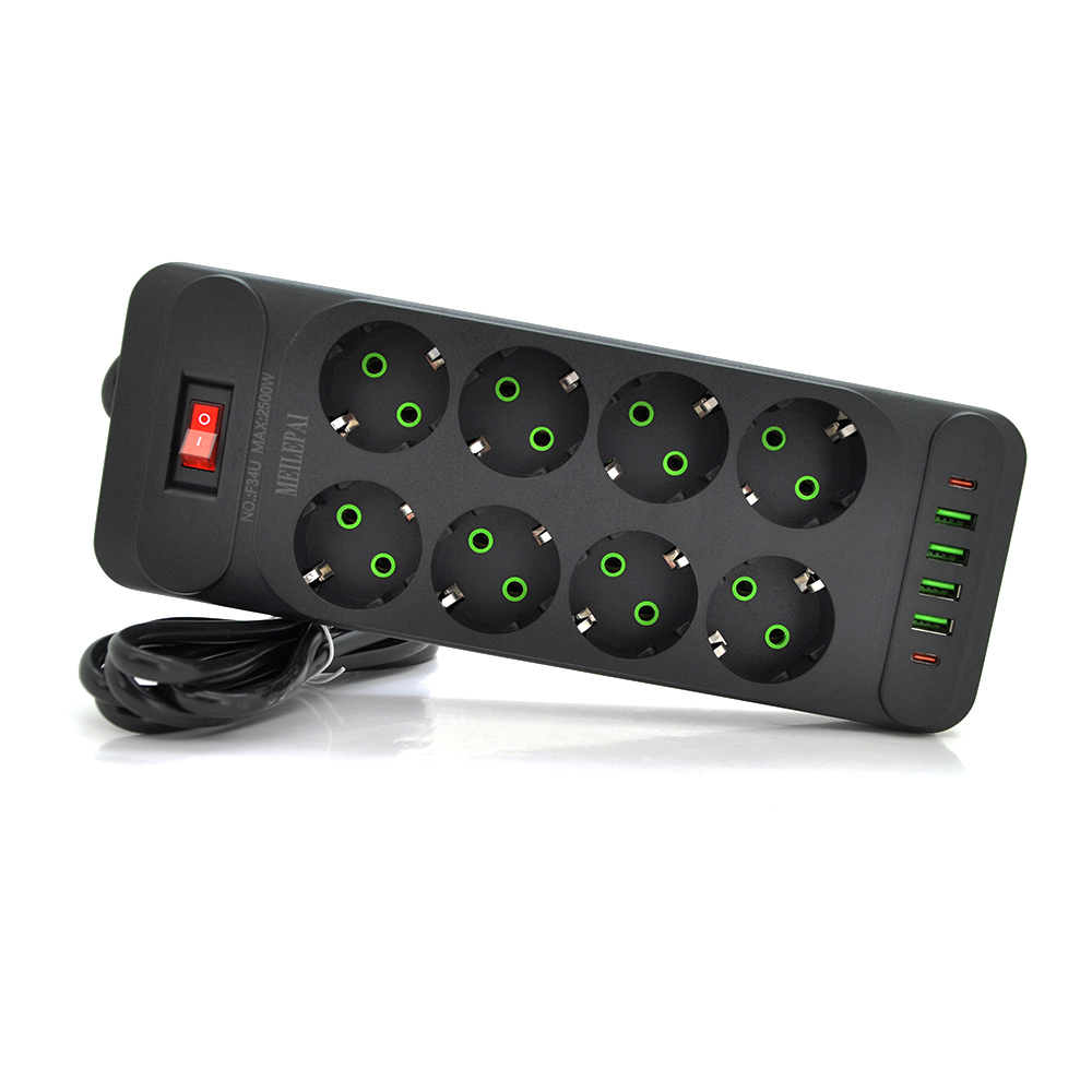 Мережевий фільтр Meilepai F34U, 8 розеток EU + 4 USB + 2 PD, кнопка включення з індикатором, 2 м, 3х0,75 мм, 2500W, Black, Box