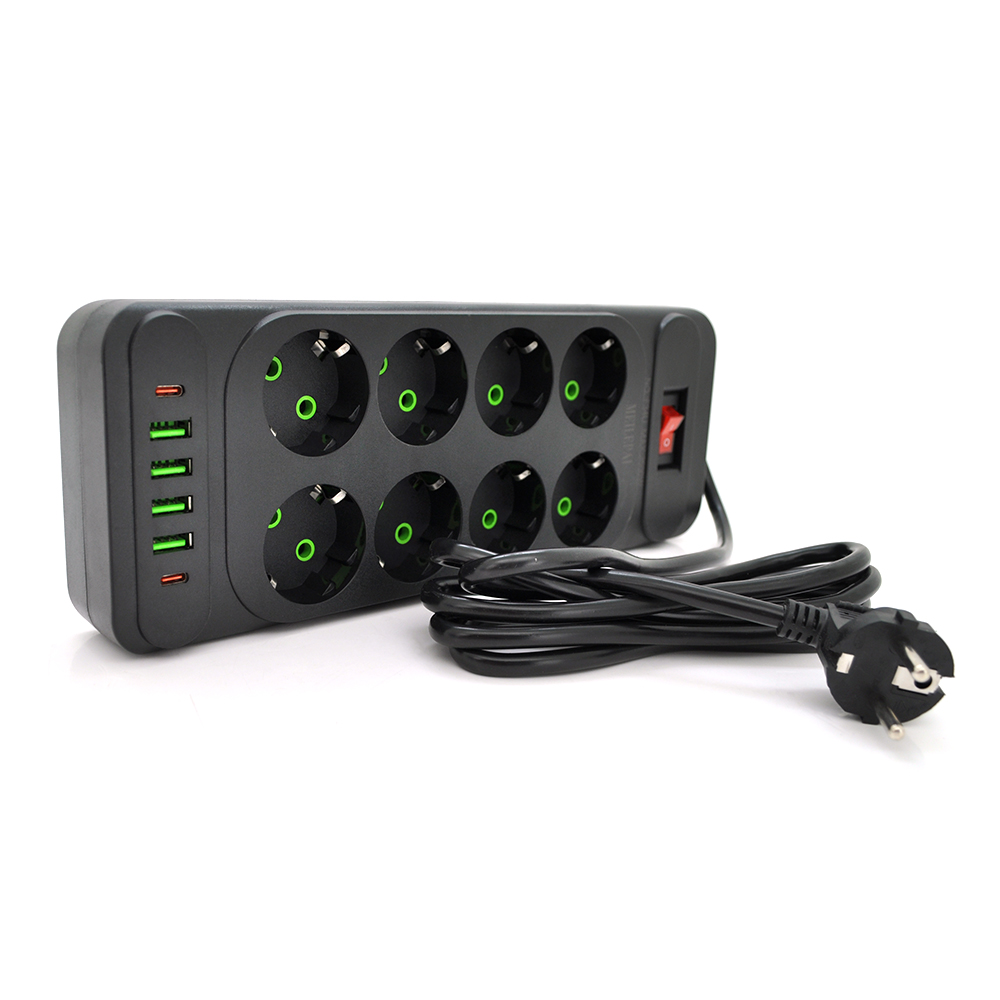 Мережевий фільтр Meilepai F34U, 8 розеток EU + 4 USB + 2 PD, кнопка включення з індикатором, 2 м, 3х0,75 мм, 2500W, Black, Box