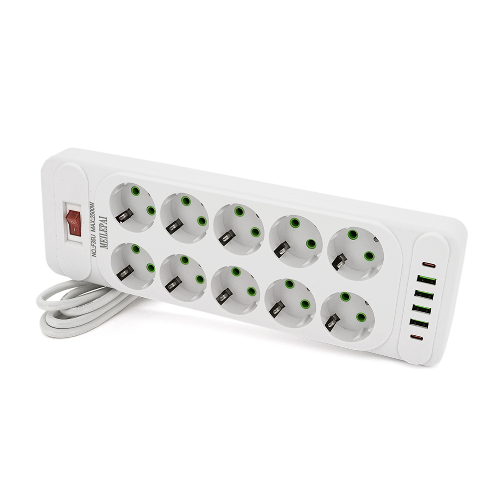 Мережевий фільтр Meilepai F35U, 10 розеток EU + 4 USB + 2 PD, кнопка включення з індикатором, 2 м, 3х0,75 мм, 2500W, White, Box