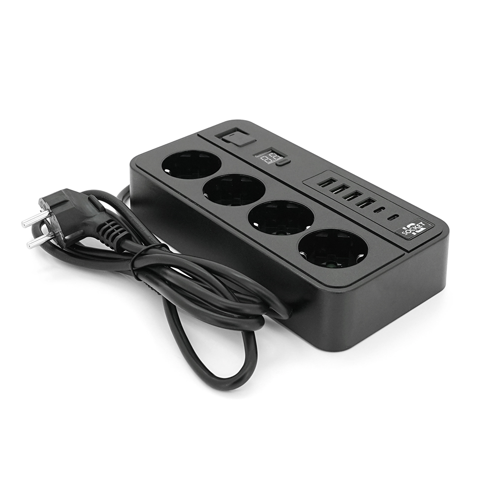 Мережевий фільтр із захистом від перенапруги G13H, 3000W, 4 Socket + 4 USB 3,2А + 2 Type-C + таймер, 2м, Black, Box