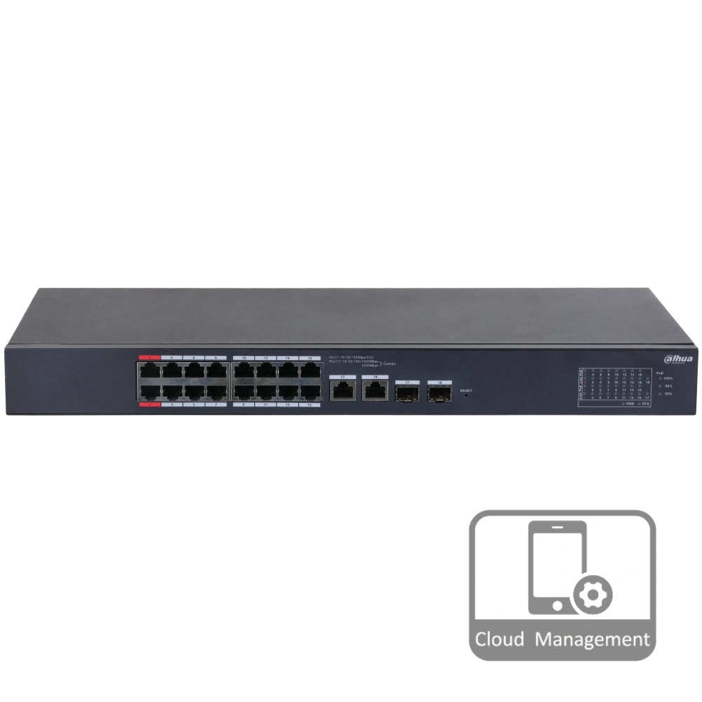 16-портовий керований PoE комутатор DH-CS4218-16ET-135 з 16 портами POE 100Мбіт + 2 / UP-Link 1000Мбіт + 2 / SFP 1000Мбіт, 135Вт, 440x220x44 мм