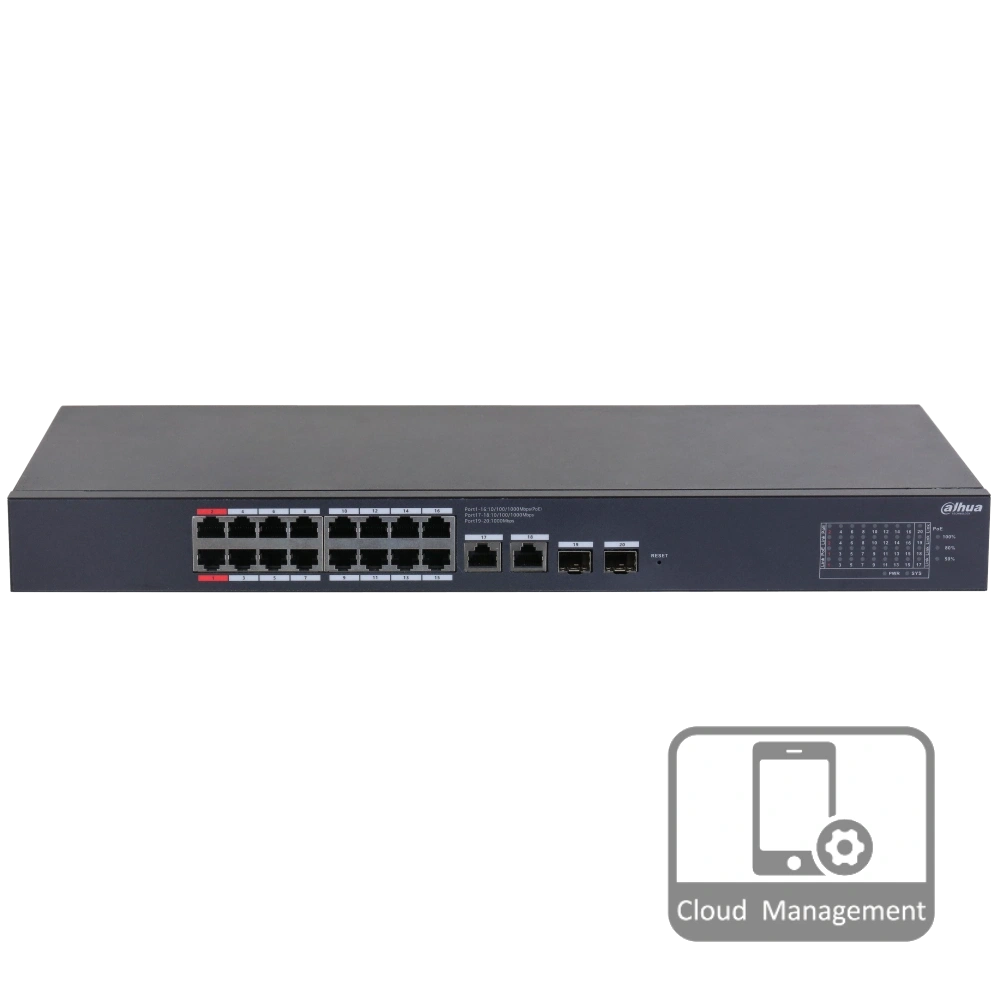 16-портовий гігабітний керований PoE комутатор DH-CS4220-16GT-190 з 16 / POE 100Мбіт + 2 / UP-Link 1000Мбіт + 2 / SFP 1000Мбіт, 440x220x44 мм