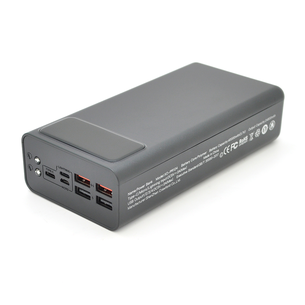 PowerBank XO-PR124-40000mAh, Input: 5 V / 2A, (Micro, Type-C, Lightning), Output: 5 V / 2 A, (4xUSB, Type-C), Q16, plastic, black