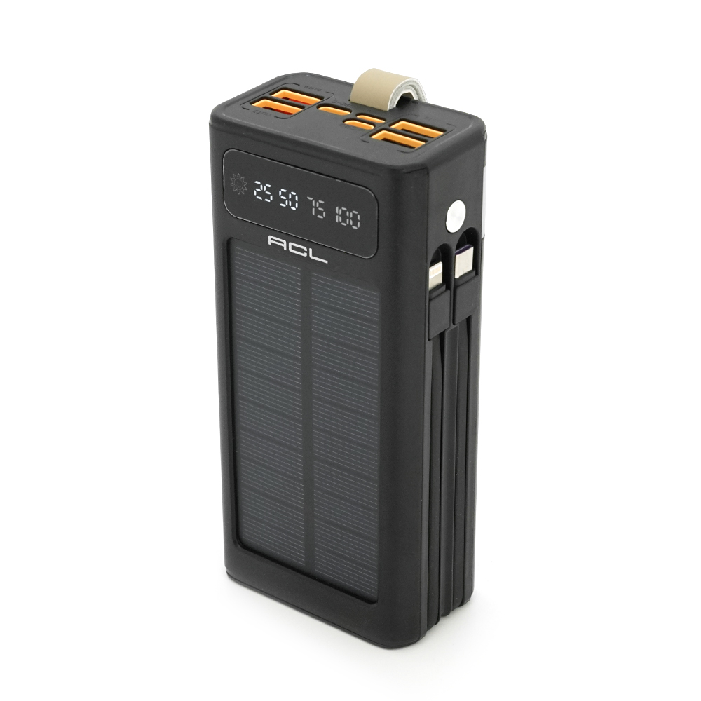 Powerbank ACL PW-90 30000mAh, SOLAR, Кабель TypeC + Lighting, 0,72kg, Black, Box