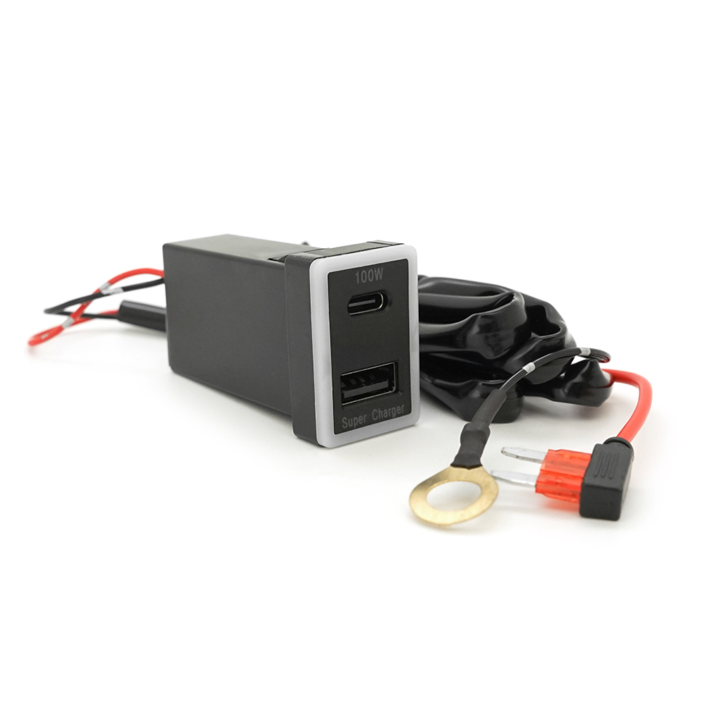 АЗУ врізне 130W-D01T03-Fuse, PD+QC, Type-C: 100W, USB: 30W, LED підсвічування, комплект проводів з роз'ємами та запобіжником, 33x22х58mm, Black