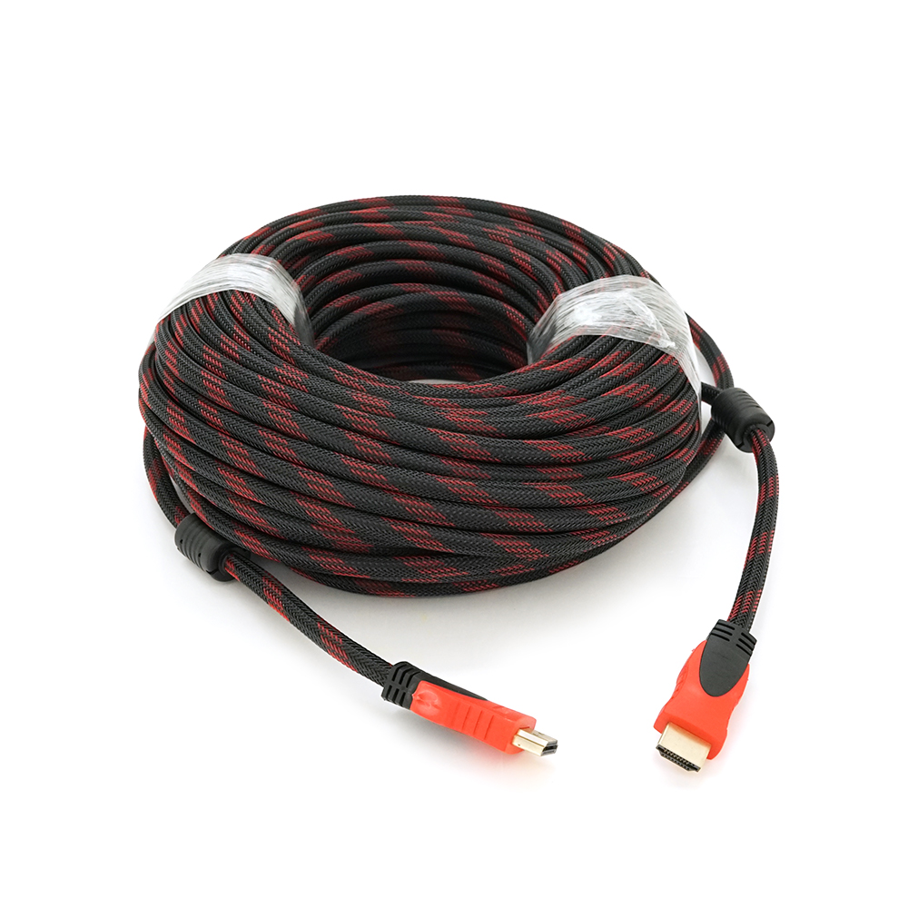 Кабель Merlion HDMI-HDMI 30m, v1.4, OD-7.4mm, 2 фільтри, обплетення, круглий Black/RED, конектор RED/Black, (Пакет) Q20