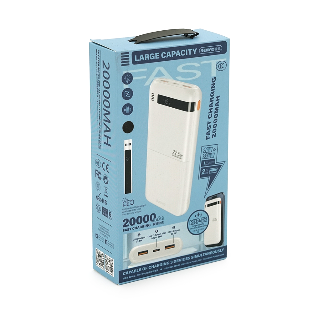 Power Bank Remax RPP-72 20000mAh, PD 20W+QC 22.5W, Black/White, 0,44kg — Фото 2