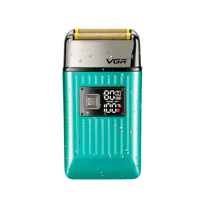 Електробритва VGR V-357 GREEN, подвійне лезо, 2 насадки, висувний триммер, IPX6, LED display, Box
