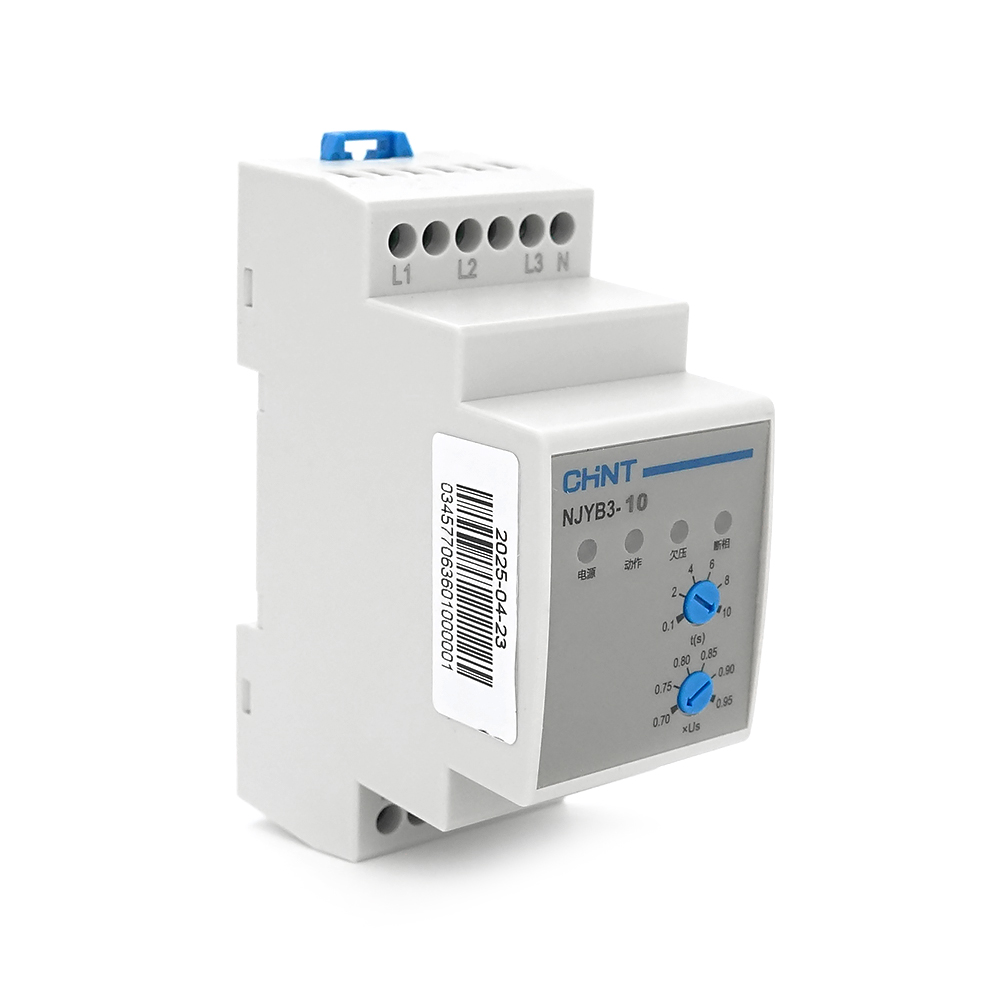 Реле контролю фаз CHINT NJYB3-10 AC220V, 1-2F4P, Захист U- (0,7~0,95) *Us, Затримка 0,1~10с, Захист обриву фаз, Ue240 / 415V, Ie0.75 / 0.47, 1CO+1NO