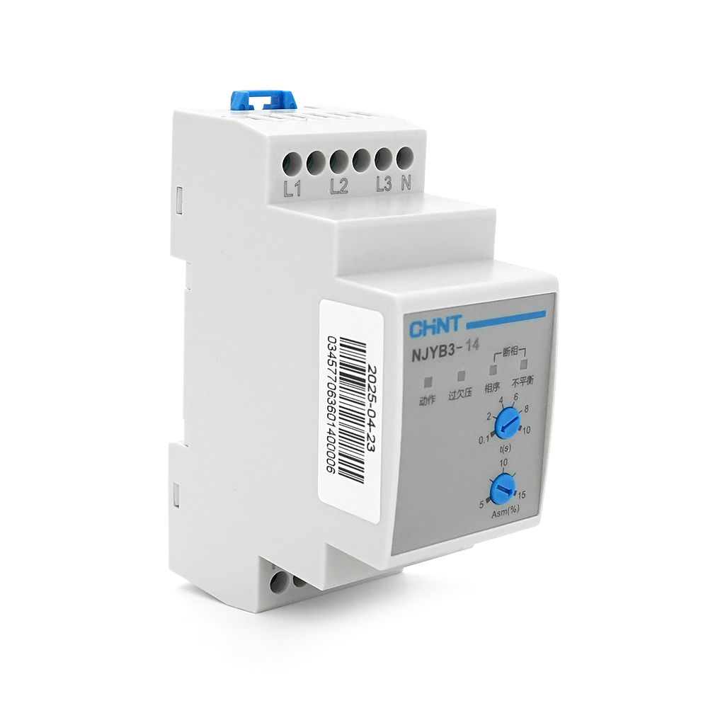 Реле контролю фаз CHINT NJYB3-14 AC220V, 3F4P, Захист U+ (120%) *Us / U- (80%) *Us, Затримка 2с,Захист обриву / послідовності фаз,баланс5-15%,1CO+1NO