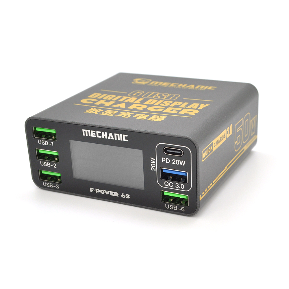 Зарядні станція з цифровою індикацією MECHANIC F-Power 6S, PD3.1-5В4А, 9В2.2A, 12В1.67А, 15В3А, 20В2,25А, QC-3 .4*USB-A. 220V/50W. 197*151*68mm