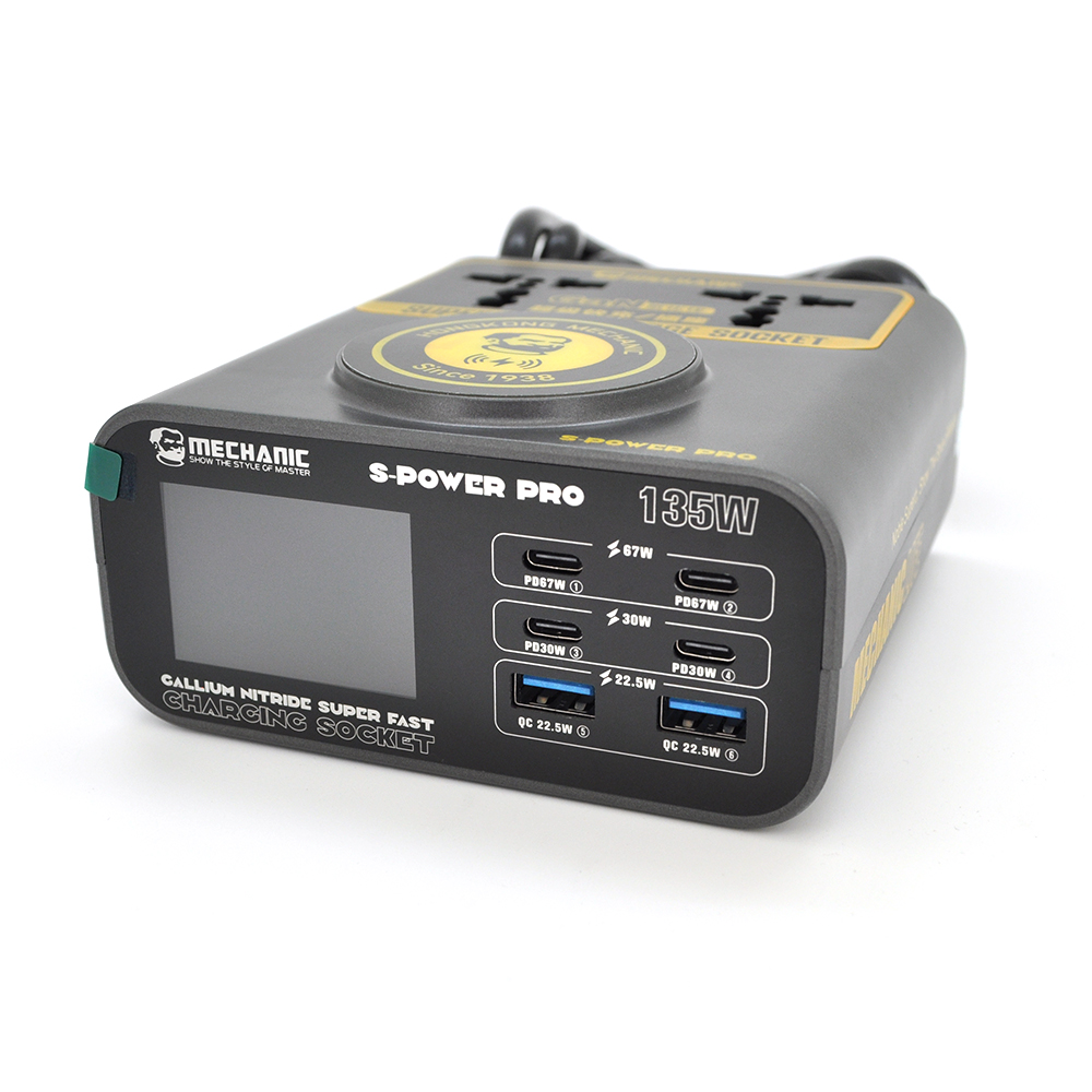 Зарядні станція з цифровою індикацією MECHANIC S-Power Pro, 4*PD3.1-30W, 2*QC3.0-15W,Wireless Charging, 2*Socket, 220V/135W. 131*125*47mm