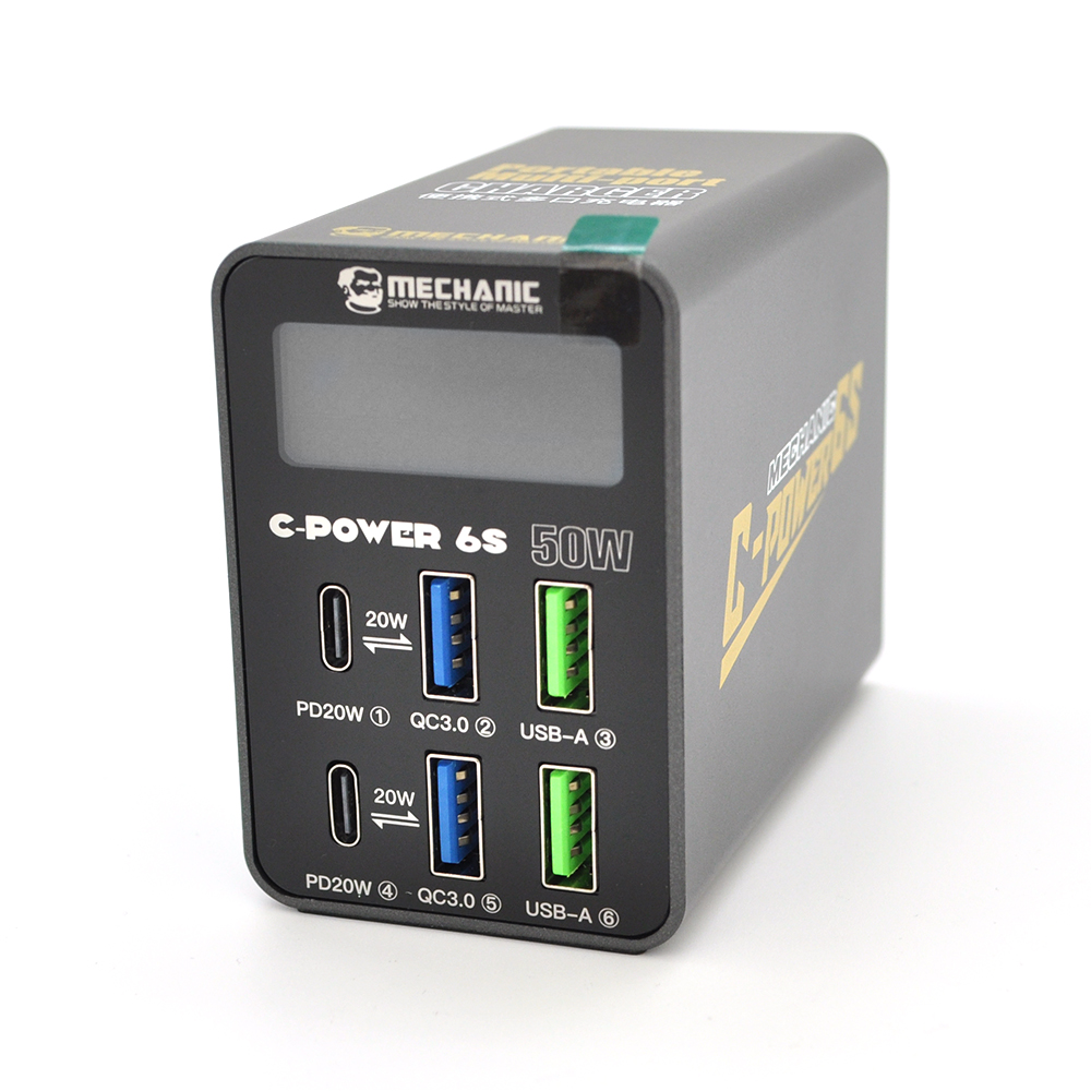 Зарядна станція з цифровою індикацією MECHANIC C-Power 6S, 2*USB-A, 2*QC3.0-5В3А,9В2A,12В1.5А, 2*PD3.1-5В3А,9В2.22A,12В1.67А, 220V/50W.150*100*50mm